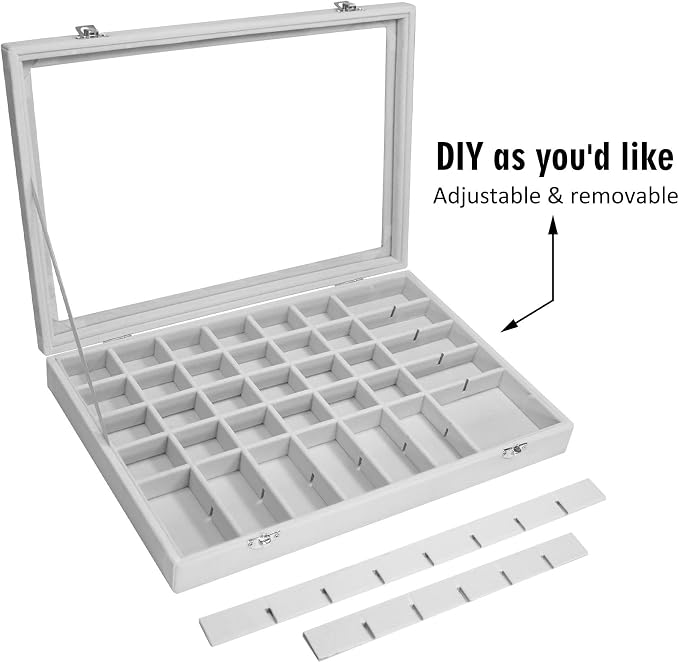 Siveit Velvet Jewelry Tray 48 Grid Jewelry Display Tray Organizer Box with Transparent Lid Rings Earrings Necklaces Pendants Display Box Suitable for Women and Girls (Grey) - Image 6