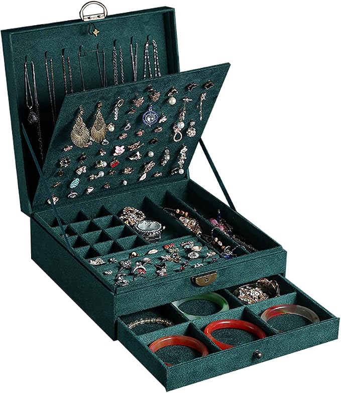 Women Jewelry Box Lockable 3 Layers Large Jewelry Organizer Storage Case for Earrings Necklaces Rings Bracelets,Green Display Jewel Holder (Green) by GYJOYERO