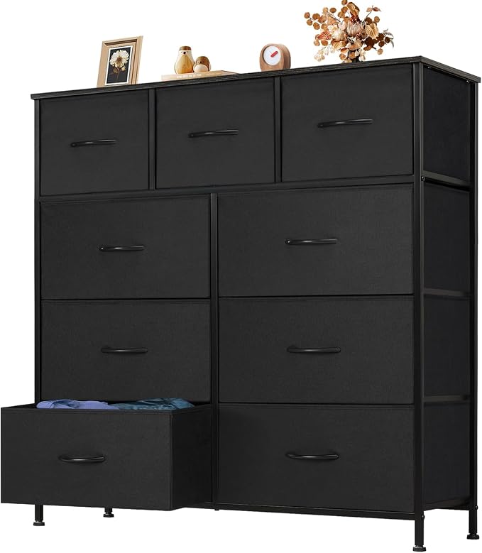 OLIXIS 9 Drawer Storage Dresser with Wood Top - Wide Fabric Chest Organizer for Bedroom, Closet, Living Room,Tower Cabinet, TV Stand, Hallway Entryway Furniture,Carbon Black by OLIXIS
