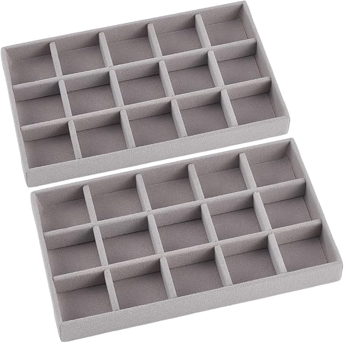 2Pcs 5 x 8.3 Inch Jewelry Drawer Inserts Velvet Jewelry Tray Gray 15 Grids Dresser Earring Drawer with Removable Divider Necklace Organizer Storage Container for Bracelet Ring Watch Display by SOFPLATE