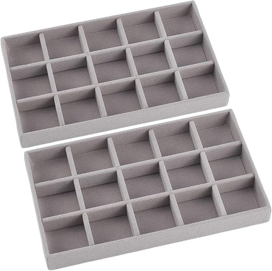 2Pcs 5 x 8.3 Inch Jewelry Drawer Inserts Velvet Jewelry Tray Gray 15 Grids Dresser Earring Drawer with Removable Divider Necklace Organizer Storage Container for Bracelet Ring Watch Display by SOFPLATE