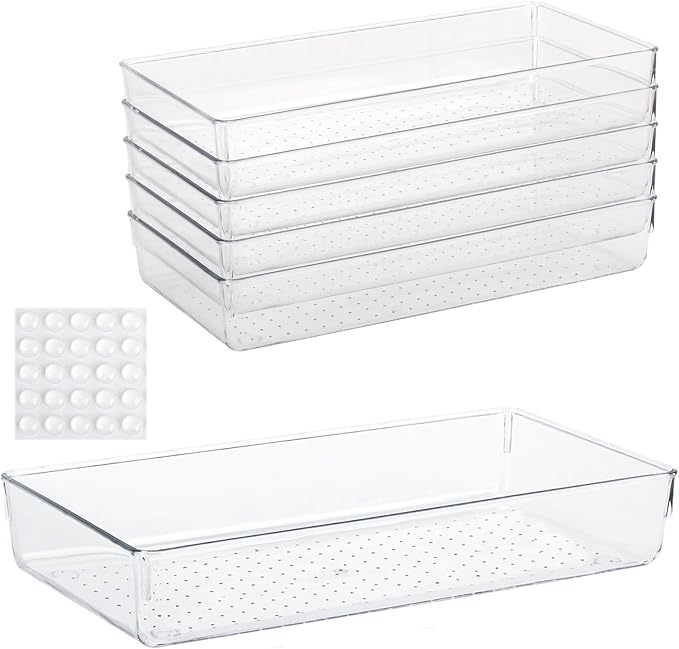 Ohlove 6Pcs Clear Plastic Drawer Organizers Tray 12" x 6.2" Storage Bins with 25Pcs Non-Slip Pads for Makeup, Jewelries, Kitchen Utensils, Bathroom and Office by Ohlove