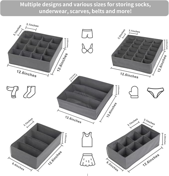 Lourome Underwear Organizer, 5 Set Foldable Fabric Underwear Drawer Organizer and Sock Organizer, Drawer Organizers for Clothing, Storage Bins for Underwear, Sock, Bra and Tie - Image 3