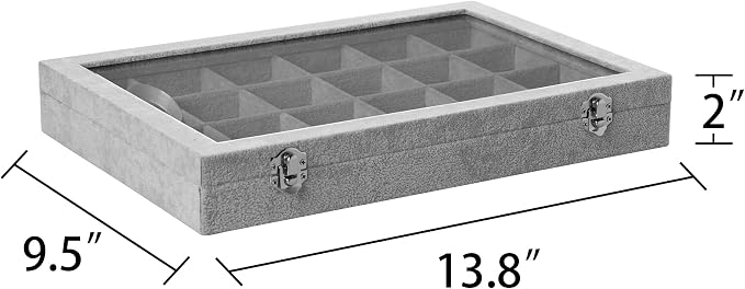Frebeauty Velvet Jewelry Tray,24 Grid Jewelry Organizer with Clear Lid,Earring Holder Organizer with Clasp,Drawer Insert Rings Pendants Brooches,13.8 x 9.5 x 2 Inches,Gift for Women Girls(Grey) - Image 3