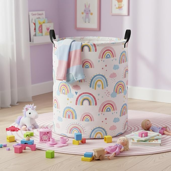 Baby Laundry Basket Baby Nursery Hamper Kids Laundry Basket Toy Storage Bin for Boys Room Decor Gift Baskets for Bedroom Bathroom(Blue Rainbow) - Image 3