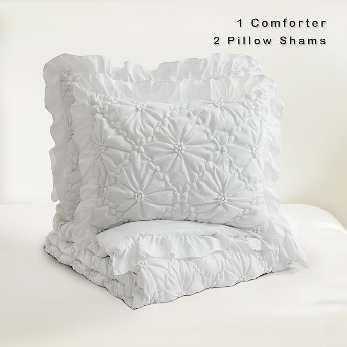 BEDAZZLED King Size Comforter Sets, White Bedding Comforter Set, 3 Pieces Pinch Pleat Bedding Sets with Comforter and Pillowcases Soft Farmhouse Shabby Chic Comforter for All Season