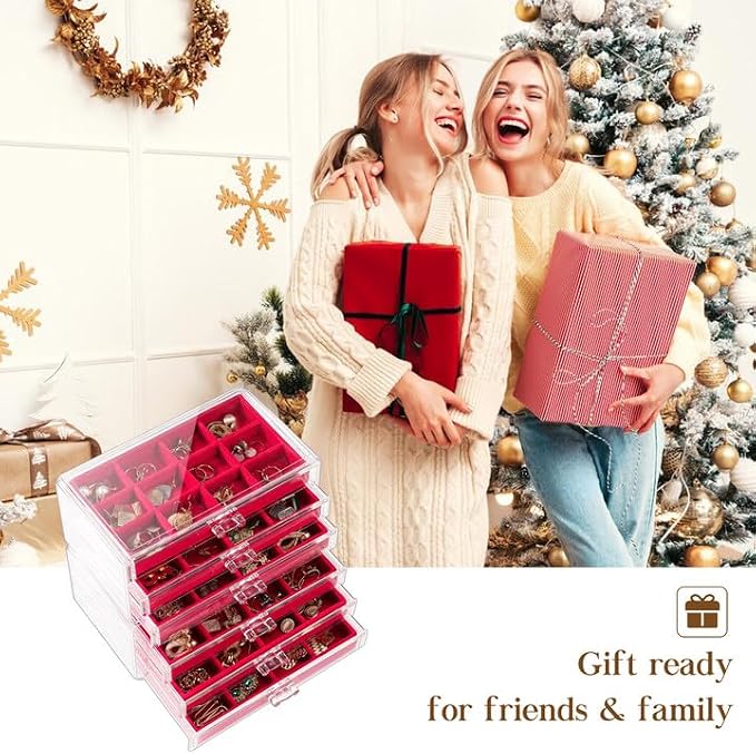 Lolalet Earring Holder Organizer Box Jewelry Storage with 6 Drawers, Clear Acrylic Stackable Earring Case with Adjustable Velvet Trays for Women on Dresser Vanity -Red, 6 Layers - Image 7