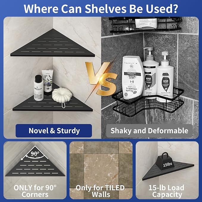 Corner Shower Shelf, 12" Matte Black 304 Stainless Steel Slot Design Recessed Corner Shelves 2 Pack Bathroom Grout in Shelf for Tiled Wall, Large Size - Image 5