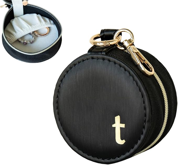 COLLECTIVE HOME - Monogrammed Letter Jewelry Case, Portable Travel Ring Holder Box with Keychain, Personalized Initial Organizer for Earrings Necklaces, Gift for Her (Black-t) by COLLECTIVEHOME