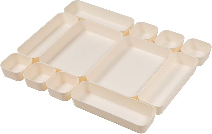 Backerysupply Set Of 12 Beige Color Plastic Desk Drawer Organizers For Makeup Bathroom Office Kitchen Vanity Drawer Storage Box Container by Backerysupply