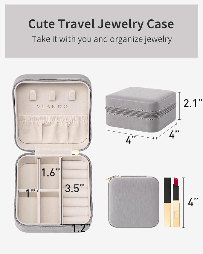 VLANDO Travel Jewelry Box, Small Jewelry Travel Organizer Case for Girls Women - Grey - Image 6