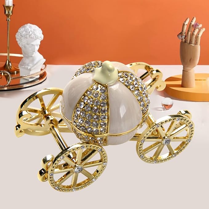 LASODY Hand Painted Enameled Cinderella Pumpkin Carriage Decorative Hinged Jewelry Trinket Box Unique Gift for Family,Jewelry Chests Wedding Valentine‘ Day, Mother’s Day Gifts (Gold, Jewelry box) - Image 5