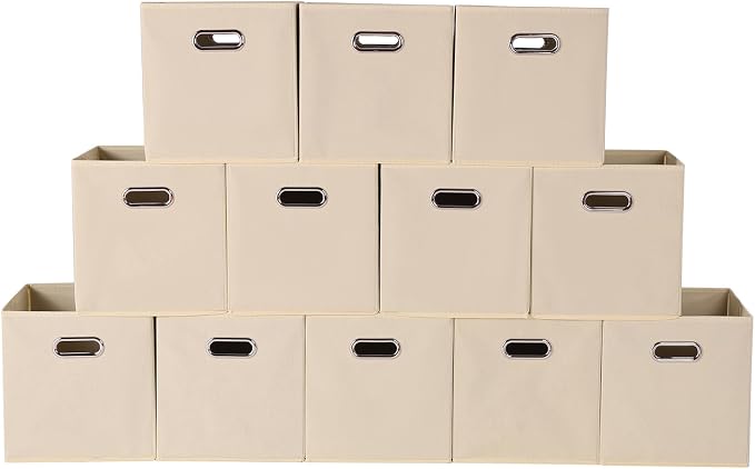 Fabric storage bins Cubes, Fabric Cube Organizer with Handle, Foldable Cube Bins for Cloth or Accessary Storage, 11x11x11, Set of 12, (Creamy White) by Yunkeeper