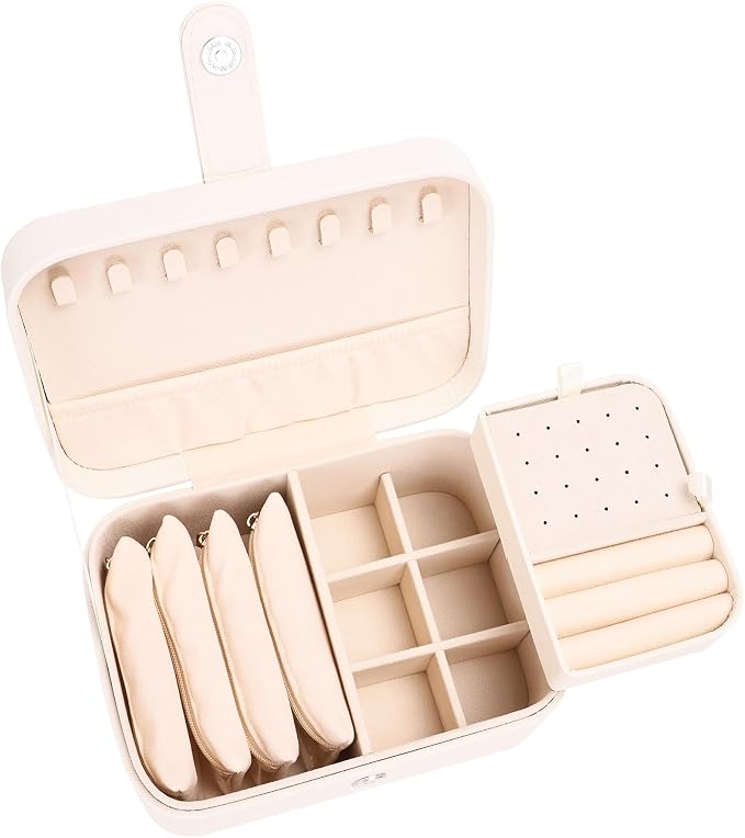2 Layer Portable Jewelry Box, Large Jewelry Travel Case with 4 Jewelry Pouches, Medium Size Jewelry Organizer Box for Earrings, Necklaces, Bracelets (beige) - Image 5