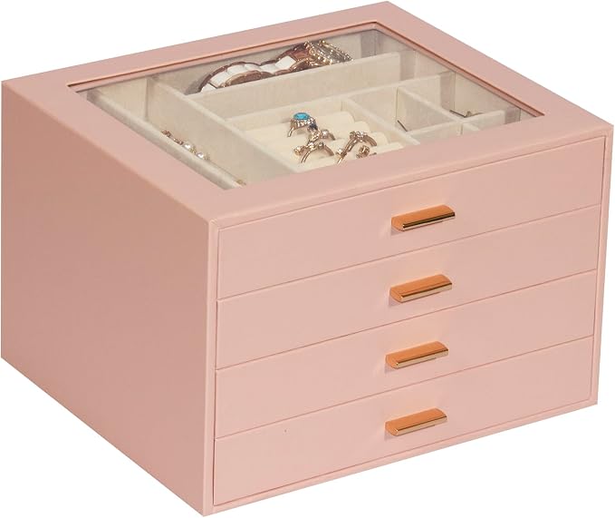 Jewelry Box with Glass Lid, 4-Layer Jewelry Organizer for Women Girls, PU Leather Display Case with 20-Grid Earring Tray & Movable Dividers for Necklaces Rings,Pink by Unknown