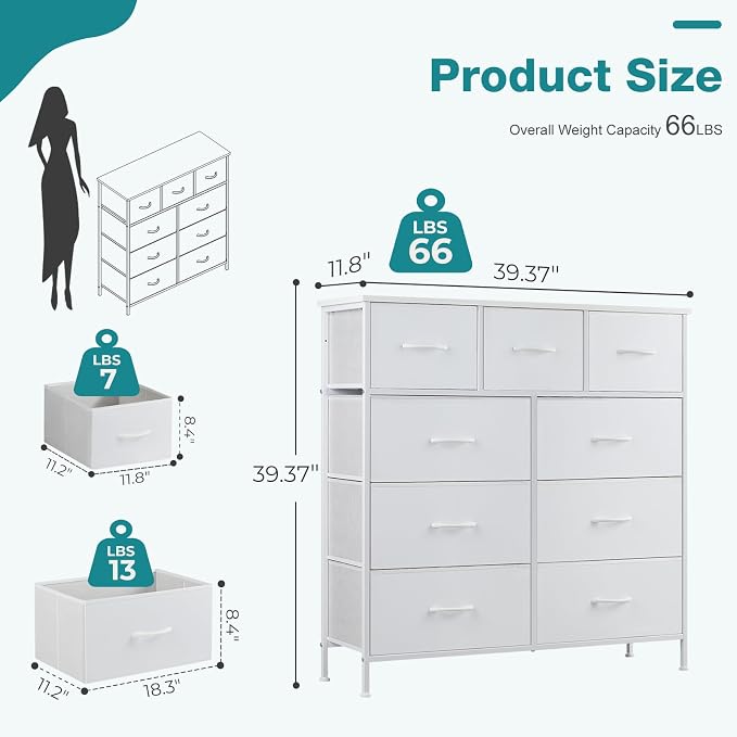 OLIXIS 9 Drawers Storage Organizers Units, Closet Organizers and Storage for Clothes, Fabric Storage Drawer for Living Room, Chest of Dresser in 39.4" D x 11.8" W x 39.9" H, White - Image 2