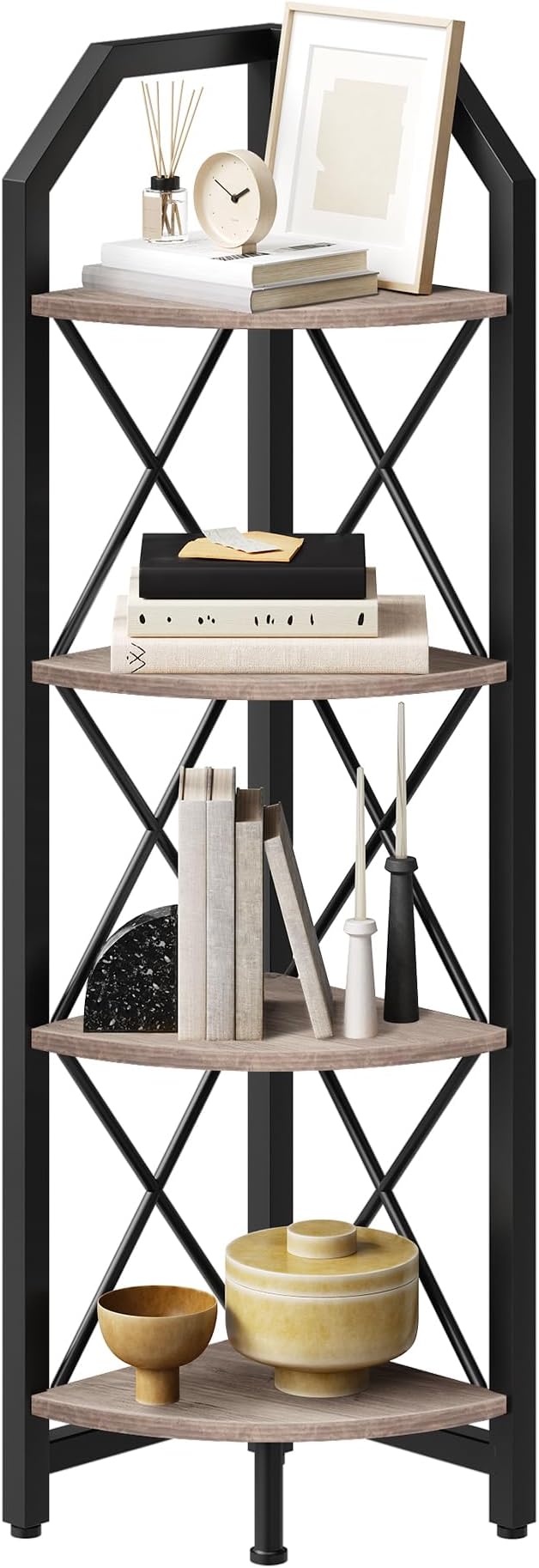 CHOEZON 4-Tier Corner Shelf, Industrial Corner Bookshelf, 47.6" Corner Storage Stand, Plant Stand Display Shelf, Corner Bookcase for Bedroom, Living Room, Home Office, Greige and Black TCJ09BG - Image 8