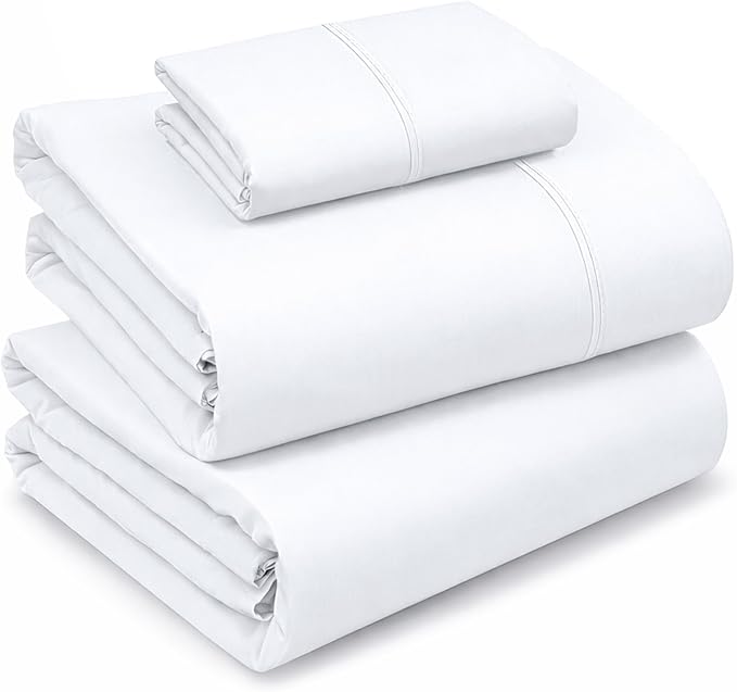 RUVANTI 100% Cotton Sheets – Twin Size Percale Bedding, Cooling & Breathable, Durable with a Crisp, Soft & Comfortable Feel, 16" Deep Pocket, 3-Piece Set, Bright White