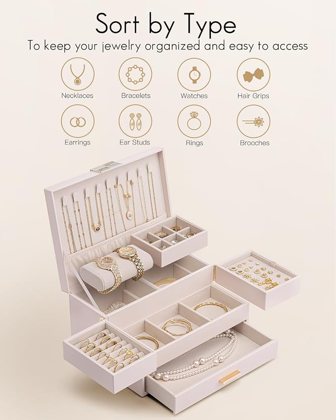 VLANDO 3 Layer Jewelry Box - Women Jewelry Box with Retractable Tray - Jewelry Organizers with Drawer for Necklaces, Rings, Bracelets, Earrings, Gift for Couples Mom Girls - Pink - Image 3
