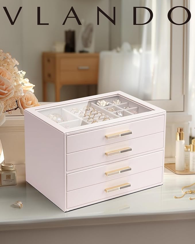 VLANDO 4 Layer Jewelry Box for Women, Glass Lid Jewelry Organizer with 4 Drawers for Necklaces Rings Earrings Bracelets - Light Pink - Image 2
