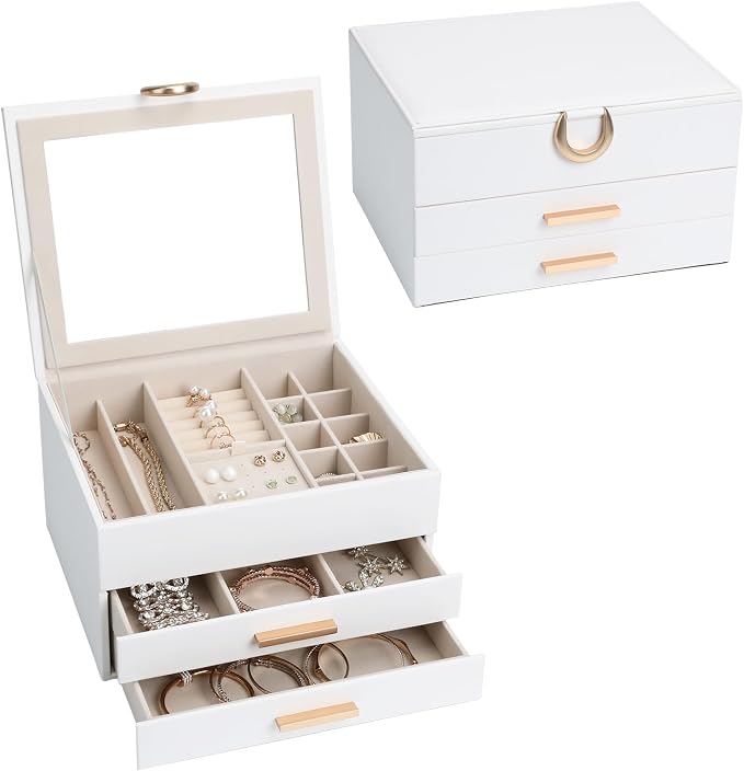 Jewelry Storage Box for 150+ Items - Features a Mirror, Smooth Gliding Drawers, and Non-Slip Earring Pads for Maximum Organization White by HOME