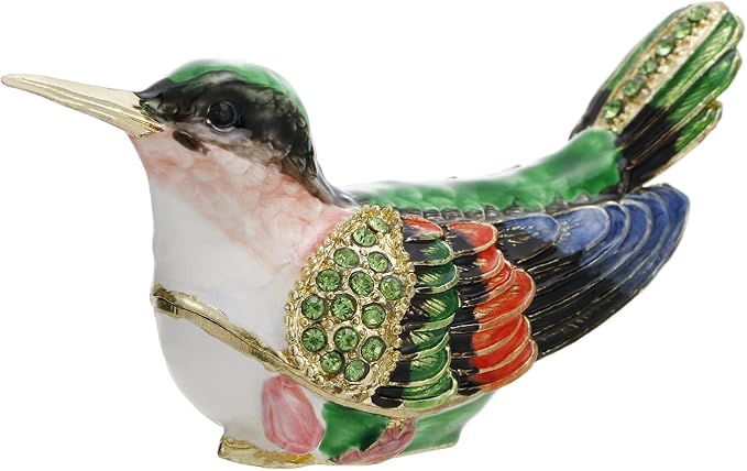 Hand Painted Enamel Hummingbird Trinket Box for Home Decor, Hinged Jewelry Organizer for Ring Earrings, Unique Figurine Keepsake Collectible Personalized Handmade Ornament Gifts (Green Hummingbird-2) by AzurtLCX