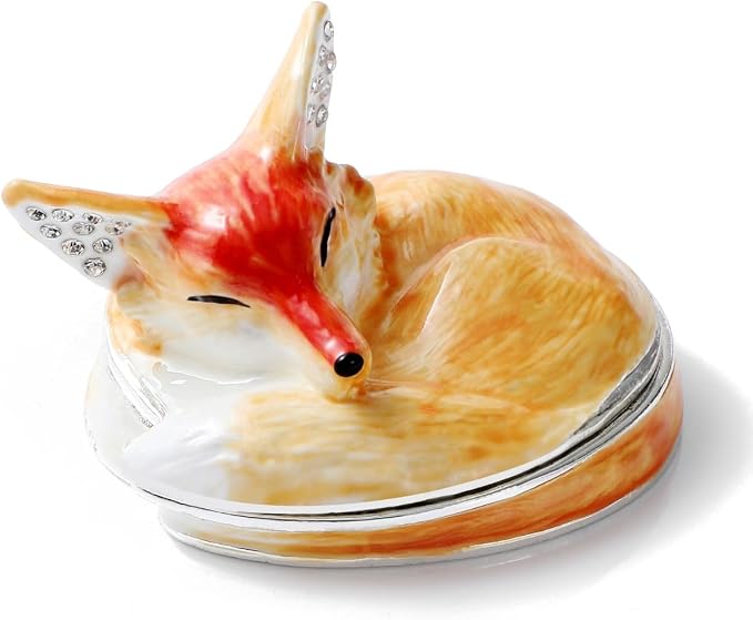 Hand Painted Trinket Box Enamel Vintage Jewelry Box Sleeping Fox Hinged Metal Jewelry Organizer Decorative Treasure Box Unique Gifts for Animal Lover by NIODAYGift