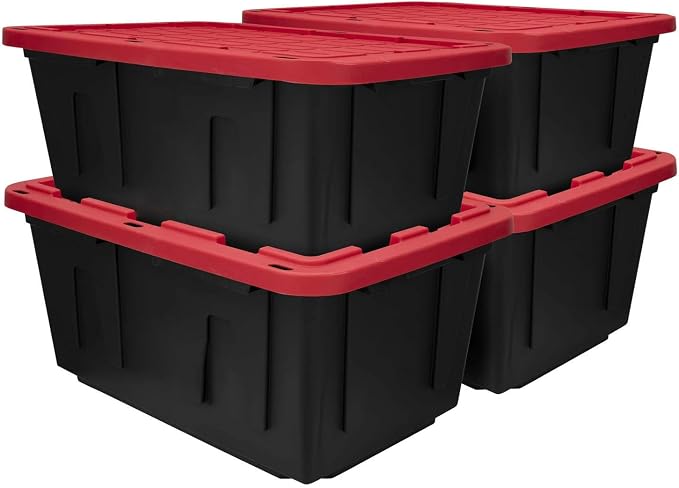4 Pack, 27 Gallon Large Storage Bin, Plastic Storage Container with Stackable Snap-On Lid, Black and Red by Unknown