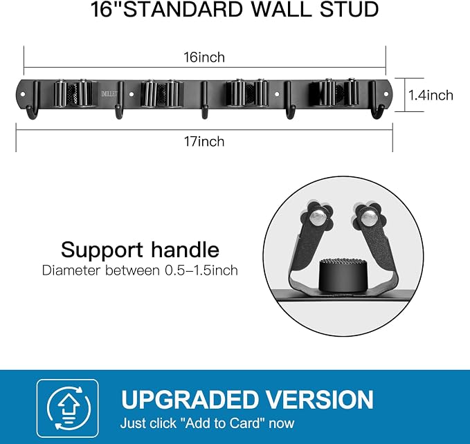IMILLET 2 Pack Broom and Mop Holder Wall Mounted, Broom Holder Stainless Steel Broom Organizer Heavy Duty Tools Organizer Self Adhesive for Laundry Room Garage Garden（4 Racks and 5 Hooks） - Image 3