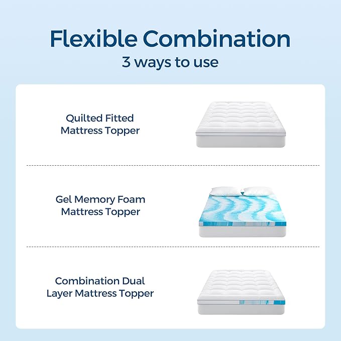Premium Dual Layer 4 Inch Memory Foam Mattress Topper, 2 Inch Gel Memory Foam and 2 Inch Pillow Top Mattress Pad Cover for Back Pain, Extra Thick Comfort Support（Full 54"x75"）