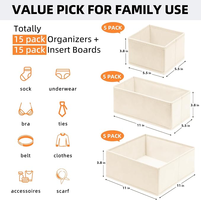 Criusia Closet Drawer Organizer Clothes, 15 Pack Dresser Organizer for Baby Clothes, Fabric Drawer Dividers for Nursery Bedroom (Beige) - Image 3