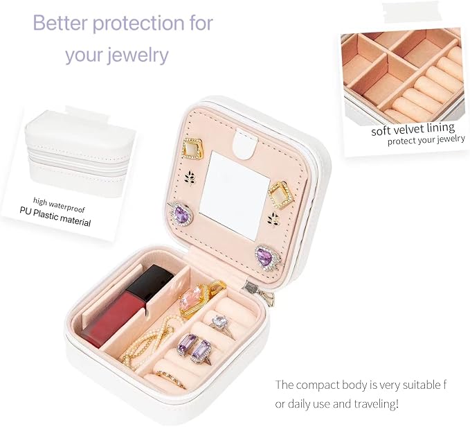 KElofoN Travel jewelry case Travel jewelry box Travel Jewelry Organizer Small Jewelry Organizer Box for Girls Women with Mirror (White-5) - Image 3