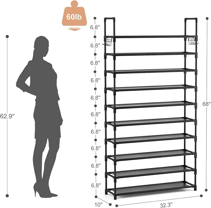 VTRIN 10 Tier Shoe Rack Tall Large Capacity Wide Shoe Organizer with Two Hooks Sturdy Metal Shoe Shelf for Entryway, Closet, Bedroom - Image 3