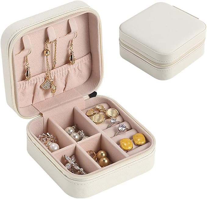 Mini Jewelry Travel Case,Small Travel Jewelry Organizer,Travel Portable Jewelry Case for Ring, Pendant, Earring, Necklace, Bracelet Organizer Storage Holder Boxes (White) by CARURLIFF