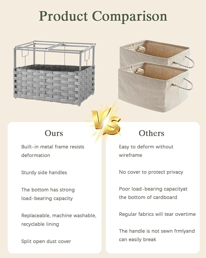 SETVSON Storage Basket with Lid Woven Wicker Baskets with 2 Separate Lid, 9.2 Gallon (35 L) Wicker Storage Bins with Handles, Foldable and 2 Removable Liner Bags for Bedroom, Laundry Room Gray - Image 5