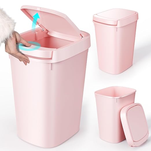 CEROELDA 3 Pack Bathroom Trash Can with Lid, 10L/2.6 Gal Small Garbage Can with Press Top Lid, Slim Plastic Waste Basket for Toilet, Office, Bedroom (Pink) by WelcometoCEROELDA