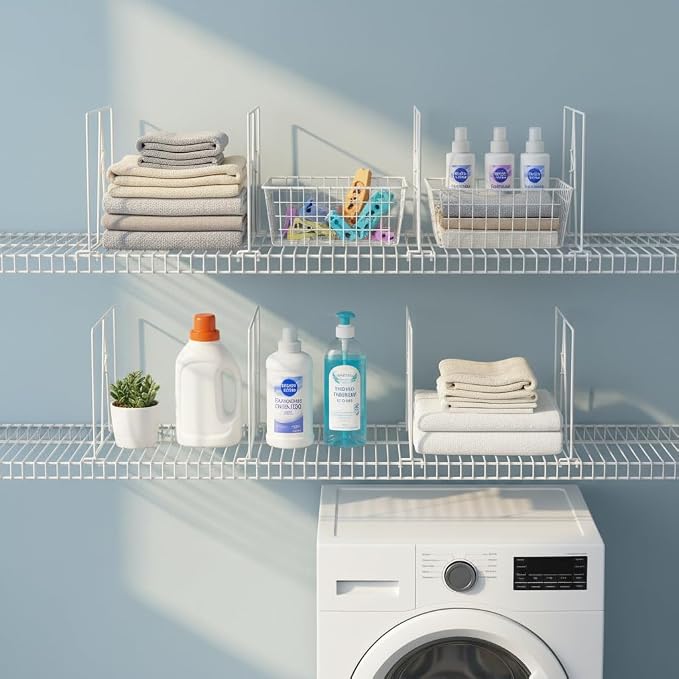 Wire Shelf Dividers - White Closet Organization & Storage Organizer - No Tool Shelf Divider for Wire Shelves - Metal Shelf Accessories – for 12“ Deep Wire Shelves – Tall 12” Height – 8 Pack - Image 6
