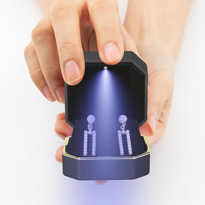Luxury LED Jewelry Earring Pendant Stud Box, Velvet Earring Necklace Gift Box Storage Case Organizer Holder for Proposal Engagement Wedding Anniversary Birthday Ceremony (Black) - Image 4