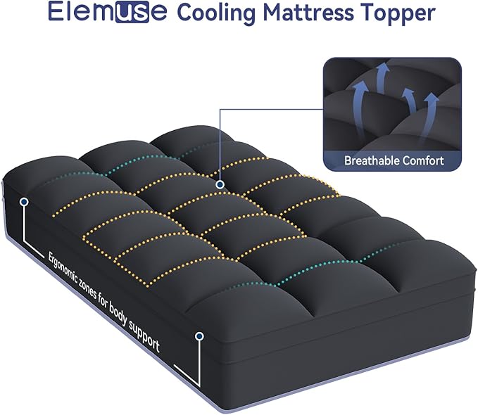 ELEMUSE Twin XL Black Mattress Topper for College Dorm Room Essentials, Extra Long Twin Mattress Pad for Back Pain Relief, Plush Pillowtop with Elastic Deep Pocket, Overfilled Down Alternative Filling