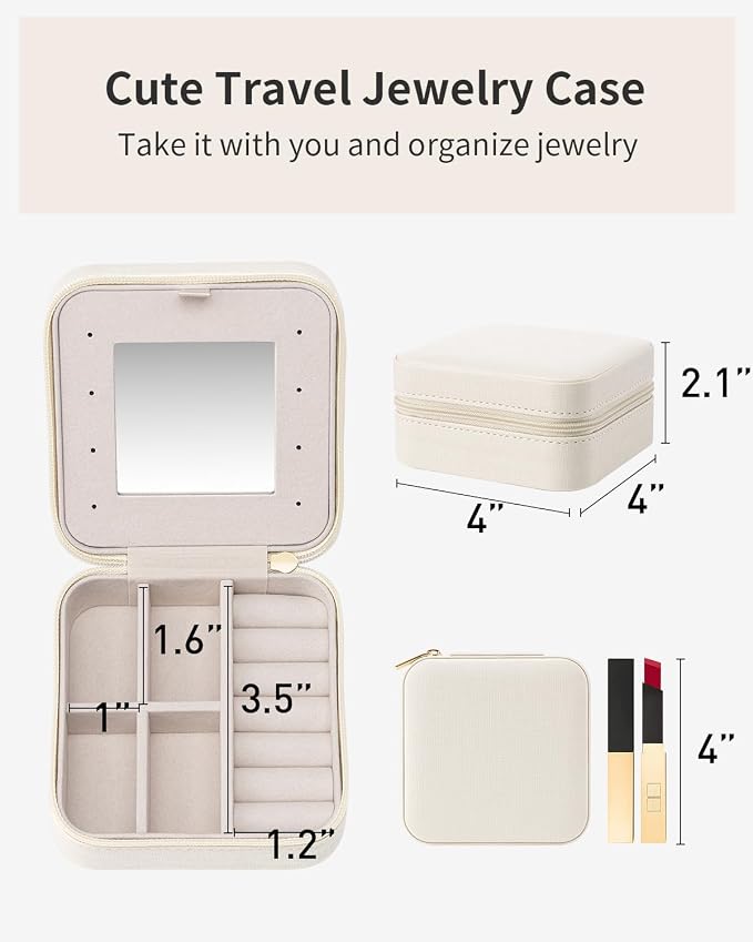VLANDO Bridesmaid Gifts - Small Travel Jewelry Box Organizer - Wedding Gifts for Girls Women Rings Earrings Necklaces Storage with Mirror - Milky White - Image 4