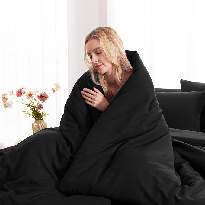 CozyLux Oversized Queen Comforter Set Black, 7 Pieces Bed in a Bag Comforter Set with Sheets, Luxury Soft Bedding Sets with Down Alternative Comforter, Fitted Sheet, Flat Sheet, Pillowcases & Shams