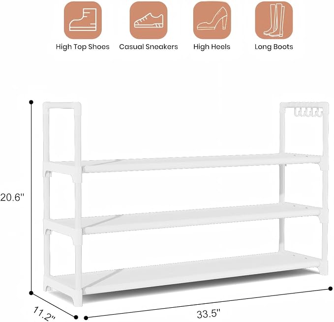 VILICK Shoe Rack for Closet Shoe Organizer Space Saver Storage for 12-15 Pair Shoe Shelf with Hook Free Standing 3 Tier Shoe Rack Organizer for Entryway, Small Spaces, White - Image 3