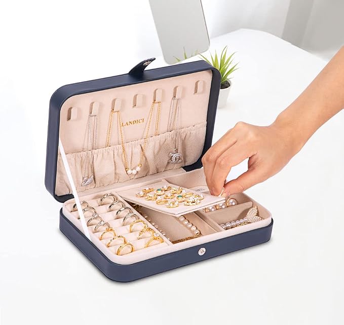 LANDICI Small Jewelry Box for Women Girls, PU Leather Travel Jewelry Case, Portable Jewelry Organizer Storage Holder Display for Ring Earrings Necklace Brooch Men Kids Gift, Dark Blue - Image 5