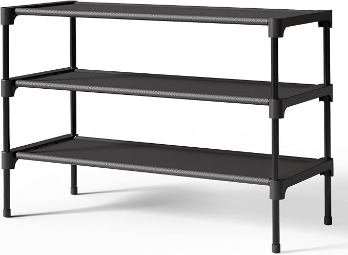 Kitsure Shoe Rack - Non-Woven Shoe Rack Shelf, Shoe Organizer for Closet, Entryway, Garage & Corridor, Stackable Shoe Shelves, 27.5" Wide - 3 Tier, Black by Kitsure
