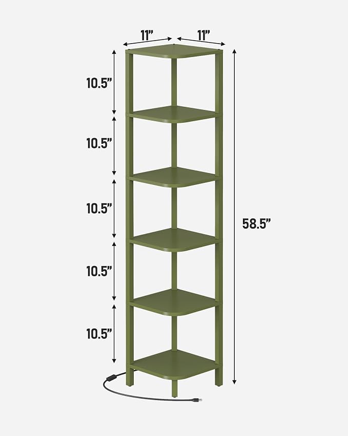 TUTOTAK Corner Shelf with LED Light, 6-Tier Corner Bookshelf for Small Space, Narrow Display Corner Shelf Stand with Storage Rack, for Living Room, Bedroom, Olive Green BS08BOG006L - Image 2