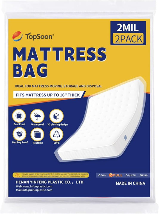 TopSoon 2PK Clear Plastic Mattress Bag - Moving & Storage Cover for Mattress or Box Spring - Heavy-Duty Disposal Supplies (2mil, Full)