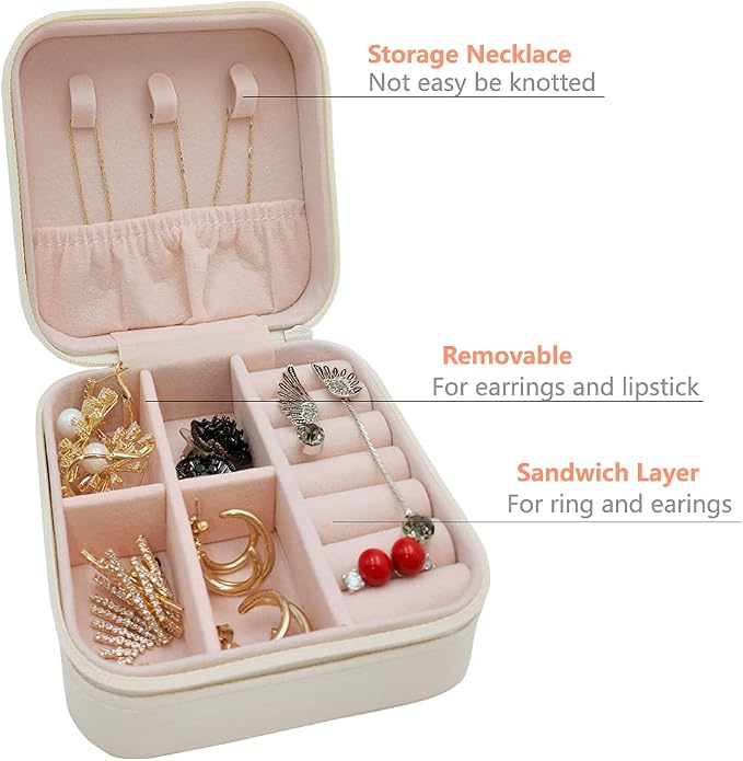 TRODANCE Mini Jewelry Case, Small Travel Jewelry Organizer, Portable Jewelry Box Storage Display Box For Rings, Earrings, Necklaces (White-4) - Image 5