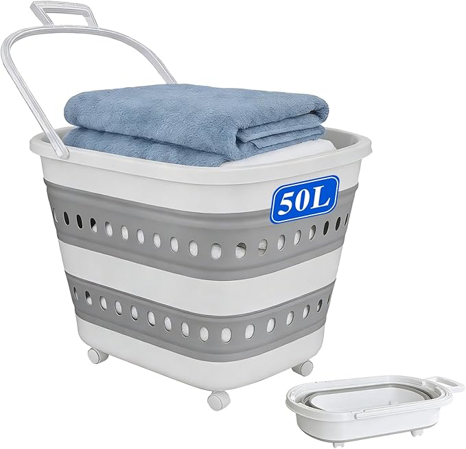 50L Collapsible Plastic Laundry Basket Hamper with Wheels, Foldable Laundry Basket with Handles, Pop Up Storage Container Organizer for Washing Storage by Unknown