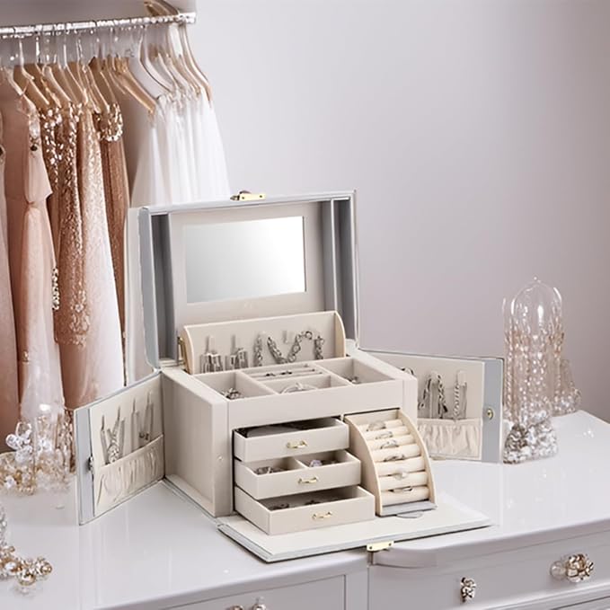 Vlando Mirrored Jewelry Box Organizer, Leather Jewelry Storage Case, Necklaces Earrings Rings Brackets Box Holder, Light Gray - Image 5