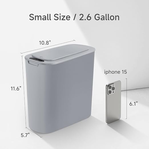 TIPGO Automatic Motion Sensor Bathroom Trash Can with Lid, 2.6 Gallon Touchless Trash Bin, Smart Garbage Can Plastic Slim Wastebasket for Bedroom, Office, Dorm (Grey) - Image 3